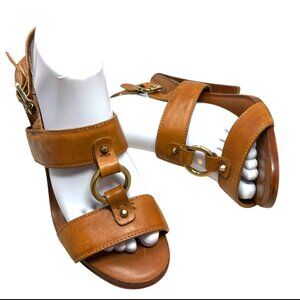 Tory Burch‎ Fletcher British Tan Leather Block Heel Slingback Sandals